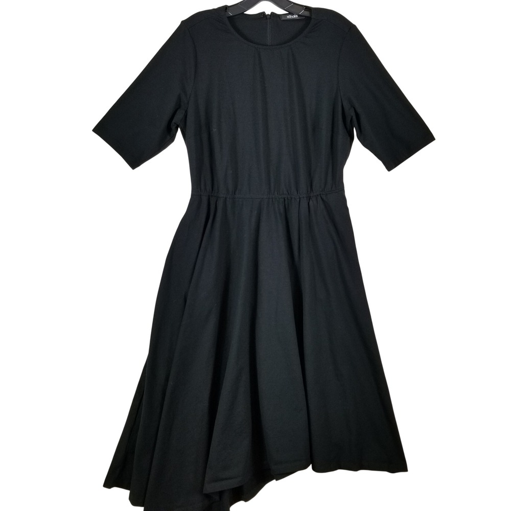 eShakti Black Cotton Spandex Asymmetrical Handkerchief Hem‎ Midi Dress CL0070536